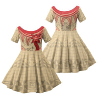 Tonga Language Week Family Matching Short Sleeve Bodycon Dress and Hawaiian Shirt Tribal Cross Ngatu Floral Pattern DT05 Daughter's Dress Red - Polynesian Pride