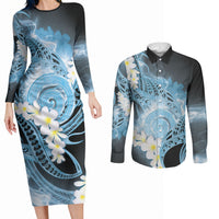 Piko Hawaiian Couples Matching Long Sleeve Bodycon Dress and Long Sleeve Button Shirt Blue Galaxy Spiral Plumeria Tribal Patterns