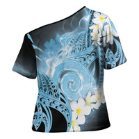 Piko Hawaiian Cross Shoulder Shirt Blue Galaxy Spiral Plumeria Tribal Patterns