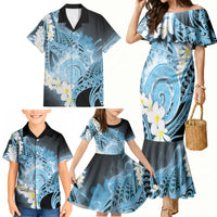 Piko Hawaiian Family Matching Mermaid Dress and Hawaiian Shirt Blue Galaxy Spiral Plumeria Tribal Patterns