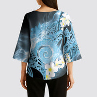 Piko Hawaiian Kimono Sleeve Blouse Blue Galaxy Spiral Plumeria Tribal Patterns
