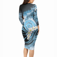 Piko Hawaiian Long Sleeve Bodycon Dress Blue Galaxy Spiral Plumeria Tribal Patterns