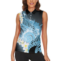 Piko Hawaiian Women Sleeveless Polo Shirt Blue Galaxy Spiral Plumeria Tribal Patterns