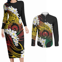 Piko Hawaiian Couples Matching Long Sleeve Bodycon Dress and Long Sleeve Button Shirt Gradient Spiral Plumeria Tribal Patterns