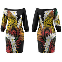 Piko Hawaiian Couples Matching Off The Shoulder Long Sleeve Dress and Hawaiian Shirt Gradient Spiral Plumeria Tribal Patterns