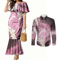 Piko Hawaiian Couples Matching Mermaid Dress and Long Sleeve Button Shirt Pink Galaxy Spiral Plumeria Tribal Patterns
