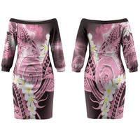 Piko Hawaiian Couples Matching Off The Shoulder Long Sleeve Dress and Long Sleeve Button Shirt Pink Galaxy Spiral Plumeria Tribal Patterns