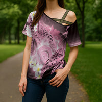Piko Hawaiian Cross Shoulder Shirt Pink Galaxy Spiral Plumeria Tribal Patterns
