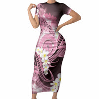 Piko Hawaiian Short Sleeve Bodycon Dress Pink Galaxy Spiral Plumeria Tribal Patterns