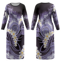 Piko Hawaiian Couples Matching Long Sleeve Bodycon Dress and Hawaiian Shirt Purple Galaxy Spiral Plumeria Tribal Patterns