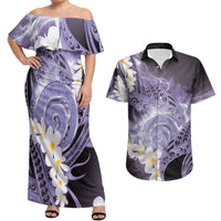 Piko Hawaiian Couples Matching Off Shoulder Maxi Dress and Hawaiian Shirt Purple Galaxy Spiral Plumeria Tribal Patterns
