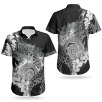 Piko Hawaiian Couples Matching Off The Shoulder Long Sleeve Dress and Hawaiian Shirt Monochrome Galaxy Spiral Plumeria Tribal Patterns
