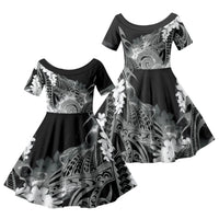 Piko Hawaiian Family Matching Off Shoulder Short Dress and Hawaiian Shirt Monochrome Galaxy Spiral Plumeria Tribal Patterns
