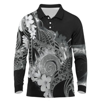 Piko Hawaiian Long Sleeve Polo Shirt Monochrome Galaxy Spiral Plumeria Tribal Patterns