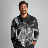 Piko Hawaiian Long Sleeve Polo Shirt Monochrome Galaxy Spiral Plumeria Tribal Patterns