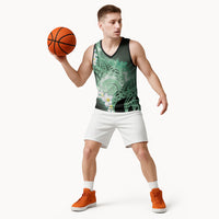 Piko Hawaiian Basketball Jersey Green Galaxy Spiral Plumeria Tribal Patterns