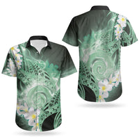 Piko Hawaiian Couples Matching Off The Shoulder Long Sleeve Dress and Hawaiian Shirt Green Galaxy Spiral Plumeria Tribal Patterns