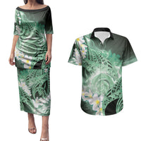 Piko Hawaiian Couples Matching Puletasi and Hawaiian Shirt Green Galaxy Spiral Plumeria Tribal Patterns