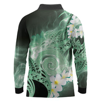 Piko Hawaiian Long Sleeve Polo Shirt Green Galaxy Spiral Plumeria Tribal Patterns