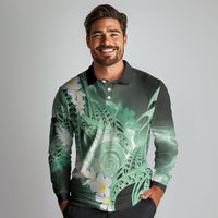 Piko Hawaiian Long Sleeve Polo Shirt Green Galaxy Spiral Plumeria Tribal Patterns