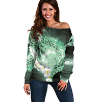 Piko Hawaiian Off Shoulder Sweater Green Galaxy Spiral Plumeria Tribal Patterns