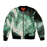 Piko Hawaiian Sleeve Zip Bomber Jacket Green Galaxy Spiral Plumeria Tribal Patterns