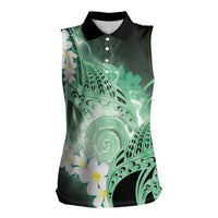 Piko Hawaiian Women Sleeveless Polo Shirt Green Galaxy Spiral Plumeria Tribal Patterns