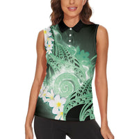 Piko Hawaiian Women Sleeveless Polo Shirt Green Galaxy Spiral Plumeria Tribal Patterns