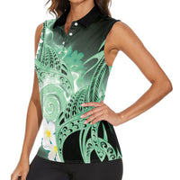 Piko Hawaiian Women Sleeveless Polo Shirt Green Galaxy Spiral Plumeria Tribal Patterns