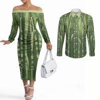 Personalised Fiji Language Week Sugarcane Masi Couples Matching Off The Shoulder Long Sleeve Dress and Long Sleeve Button Shirt Green Tapa Tribal Pattern
