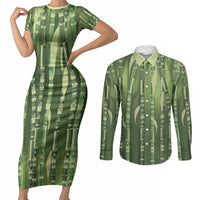 Personalised Fiji Language Week Sugarcane Masi Couples Matching Short Sleeve Bodycon Dress and Long Sleeve Button Shirt Green Tapa Tribal Pattern