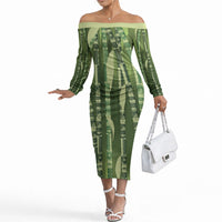 Personalised Fiji Language Week Sugarcane Masi Off The Shoulder Long Sleeve Dress Green Tapa Tribal Pattern