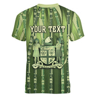 Personalised Fiji Language Week Sugarcane Masi Women V-Neck T-Shirt Green Tapa Tribal Pattern