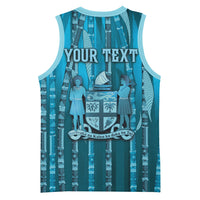 Personalised Fiji Language Week Sugarcane Masi Basketball Jersey Blue Tapa Tribal Pattern