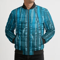 Personalised Fiji Language Week Sugarcane Masi Bomber Puffer Jacket Blue Tapa Tribal Pattern