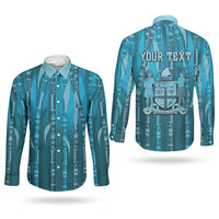 Personalised Fiji Language Week Sugarcane Masi Couples Matching Long Sleeve Bodycon Dress and Long Sleeve Button Shirt Blue Tapa Tribal Pattern
