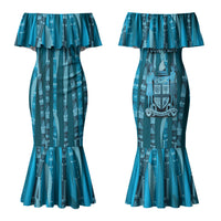 Personalised Fiji Language Week Sugarcane Masi Couples Matching Mermaid Dress and Long Sleeve Button Shirt Blue Tapa Tribal Pattern