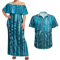 Personalised Fiji Language Week Sugarcane Masi Couples Matching Off Shoulder Maxi Dress and Hawaiian Shirt Blue Tapa Tribal Pattern