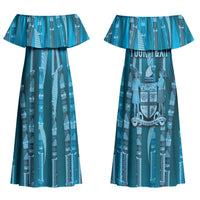 Personalised Fiji Language Week Sugarcane Masi Couples Matching Off Shoulder Maxi Dress and Long Sleeve Button Shirt Blue Tapa Tribal Pattern