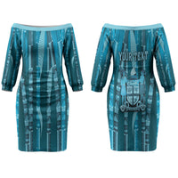 Personalised Fiji Language Week Sugarcane Masi Couples Matching Off The Shoulder Long Sleeve Dress and Hawaiian Shirt Blue Tapa Tribal Pattern