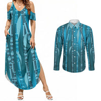 Personalised Fiji Language Week Sugarcane Masi Couples Matching Summer Maxi Dress and Long Sleeve Button Shirt Blue Tapa Tribal Pattern