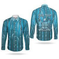 Personalised Fiji Language Week Sugarcane Masi Couples Matching Summer Maxi Dress and Long Sleeve Button Shirt Blue Tapa Tribal Pattern