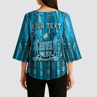 Personalised Fiji Language Week Sugarcane Masi Kimono Sleeve Blouse Blue Tapa Tribal Pattern