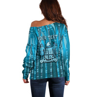 Personalised Fiji Language Week Sugarcane Masi Off Shoulder Sweater Blue Tapa Tribal Pattern