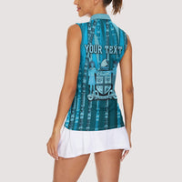 Personalised Fiji Language Week Sugarcane Masi Women Sleeveless Polo Shirt Blue Tapa Tribal Pattern