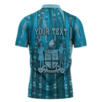 Personalised Fiji Language Week Sugarcane Masi Zipper Polo Shirt Blue Tapa Tribal Pattern