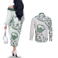 Aloha Hawaii Shaka Couples Matching Off The Shoulder Long Sleeve Dress and Long Sleeve Button Shirt Hang Loose Mint Version - Polynesian Pride