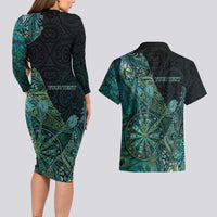 Personalised New Zealand Dart Couples Matching Long Sleeve Bodycon Dress and Hawaiian Shirt Maori Fern With Paua Shell - Polynesian Pride
