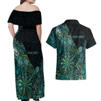 Personalised New Zealand Dart Couples Matching Off Shoulder Maxi Dress and Hawaiian Shirt Maori Fern With Paua Shell - Polynesian Pride