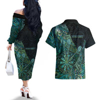 Personalised New Zealand Dart Couples Matching Off The Shoulder Long Sleeve Dress and Hawaiian Shirt Maori Fern With Paua Shell DT05 - Polynesian Pride